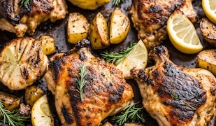 gegrillte Hühnchenschenkel mit Zitronen und Röstkartoffeln auf einem Backblech