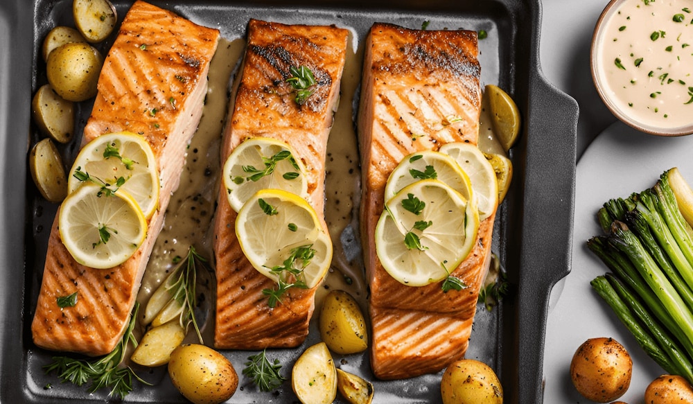 gegrillter Lachs mit gerösteten Kartoffeln und Lauch auf einem Backblech