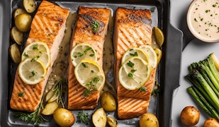 gegrillter Lachs mit gerösteten Kartoffeln und Lauch auf einem Backblech