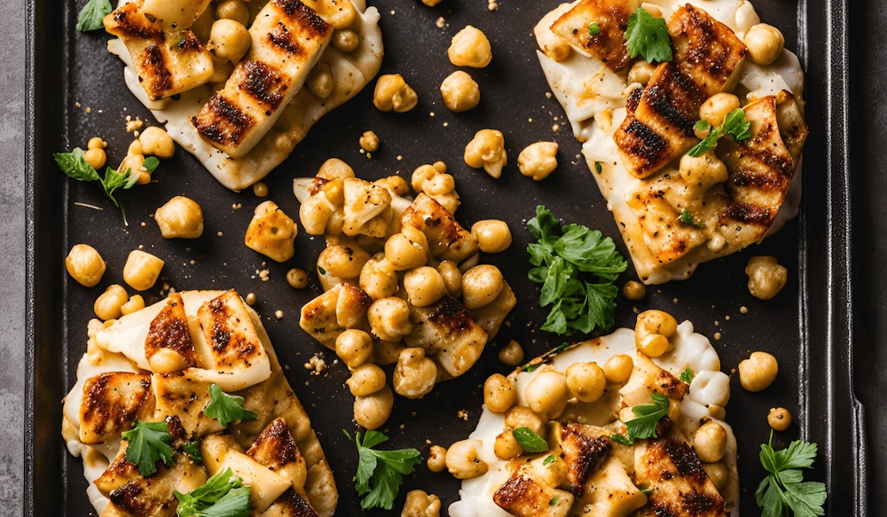 gerösteter Halloumi mit Blumenkohl, Petersilie und Kichererbsen auf einem Blech