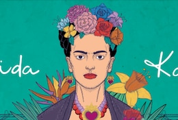 gezeichnetes Porträt von Frida Kahlo mit Schriftzug vor grünem Hintergrund