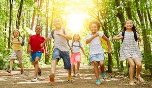 glückliche Kinder rennen im Sommer durch den Wald