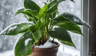 grüne Pflantze im braunen Topf mit Schnee auf den Blättern