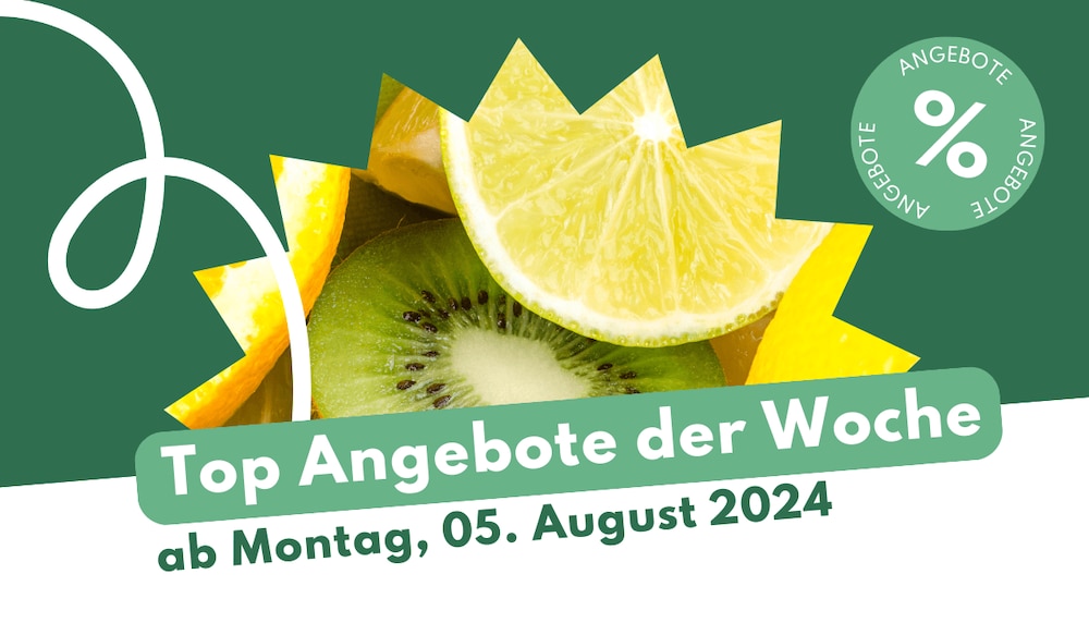 grünes Header Image mit Obst für die Prospekt-Highlights ab Montag, 05. August 2024