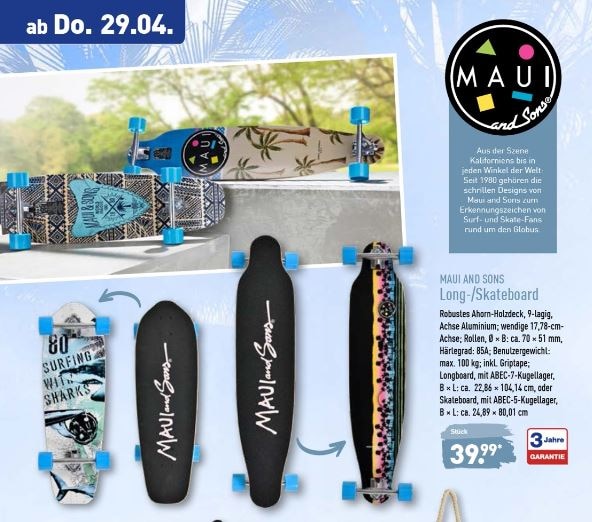 Longboard und Skateboard bei Aldi Nord im Angebot
