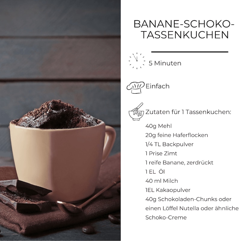 Rezept für einen schnellen Banane Schoko Tassenkuchen aus der Mikrowelle!