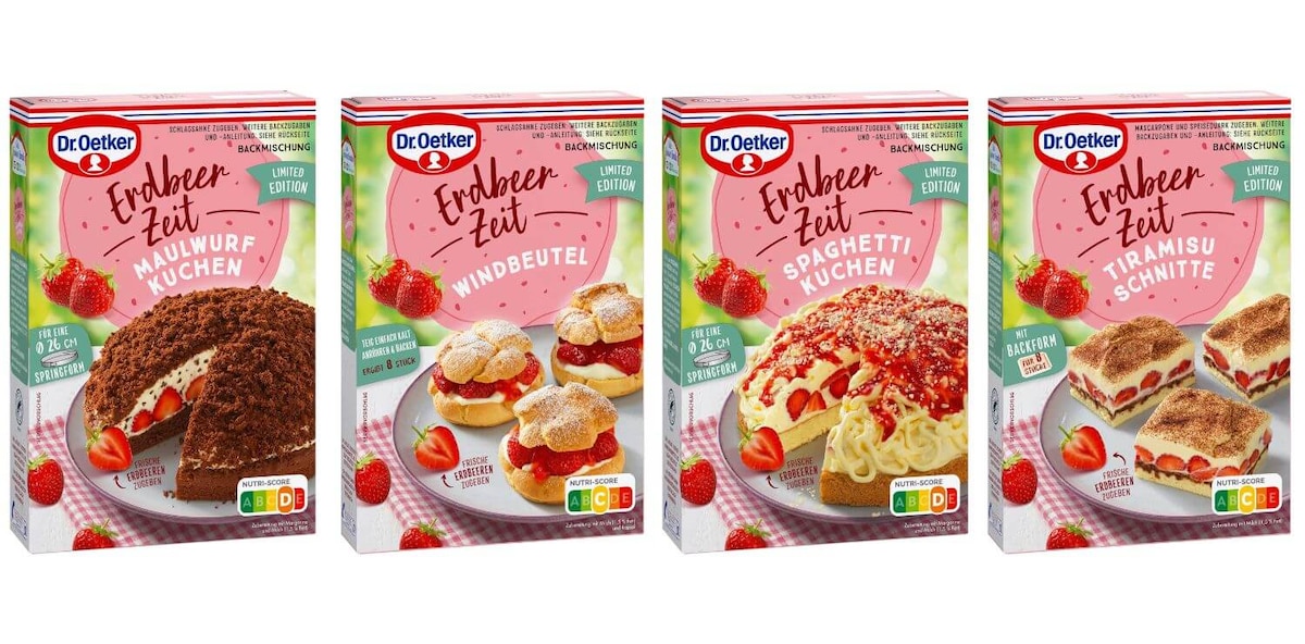 Dr. Oetker Erdbeer Zeit Mawurfkuchen, Windbeutel. Spaghetti Kuchen, Tiramisu Schnitte