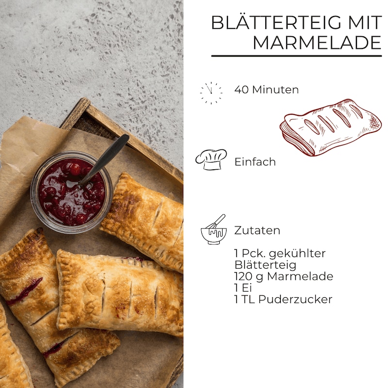 Zutatenangabe für Blätterteigtaschen mit Marmelade