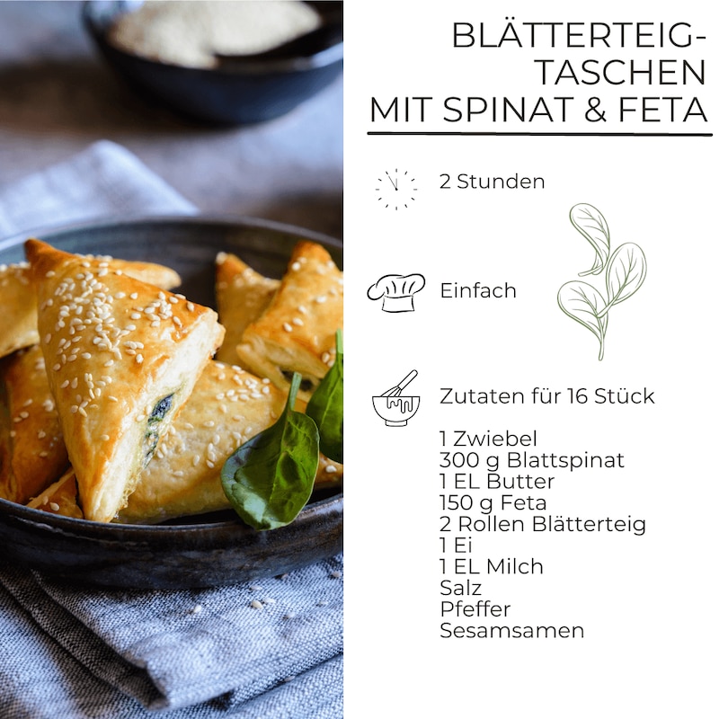 Schnelle Blätterteigtaschen mit Spinat und Feta