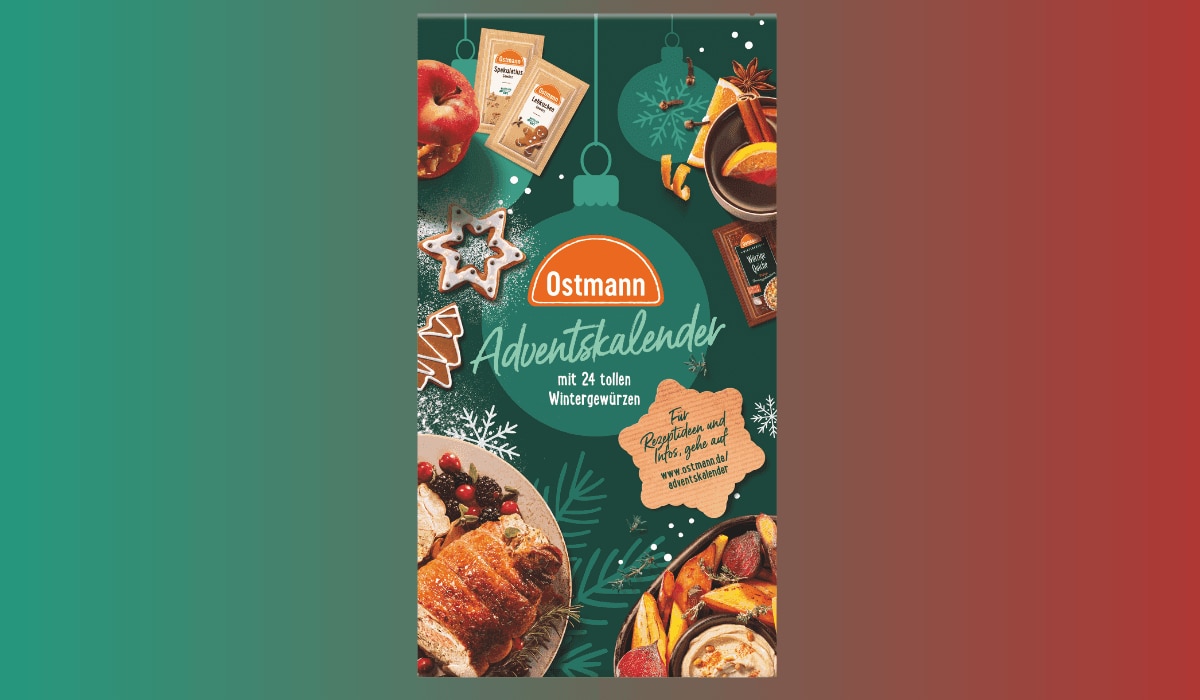 Ostmann Gewürz-Adventskalender 2023 vor grün-rotem Hintergrund