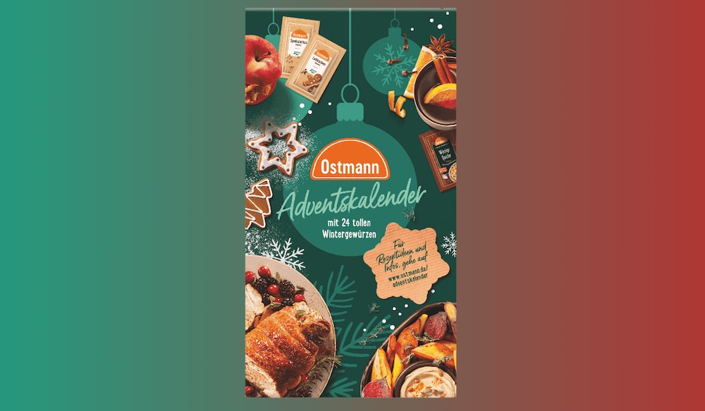 Ostmann Gewürz-Adventskalender vor grün-rotem Hintergrund