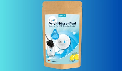Verpackung dripoff Pads vor blauem Hintergrund