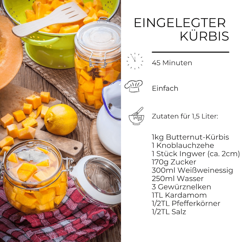 Zutatenliste für eingelegten Kürbis