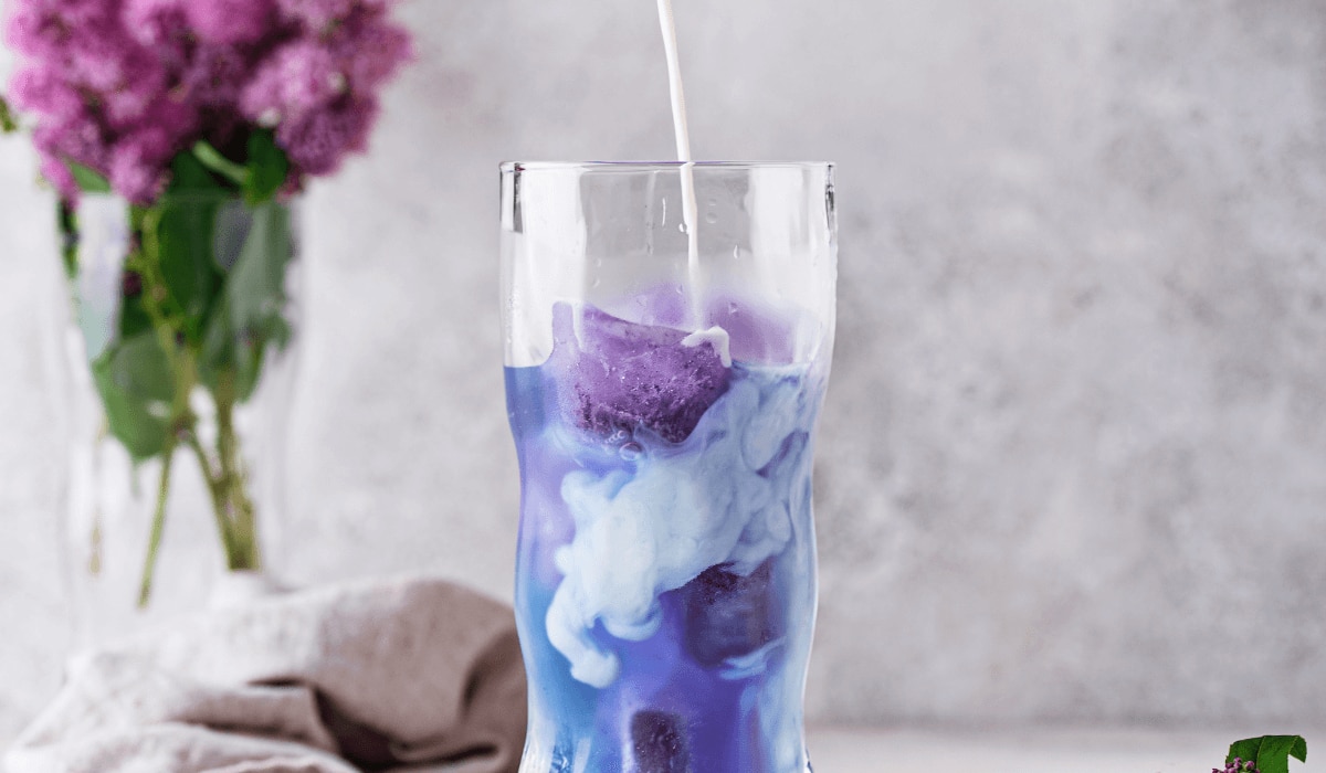 Butterfly Pea Tea auf Eis mit Milch