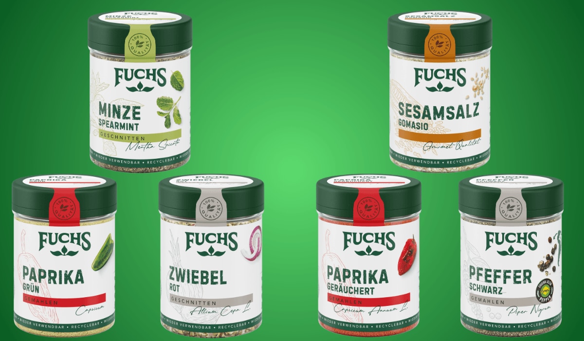 Neue Fuchs Premium Gewürze vor grünem Hintergrund