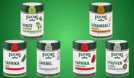 Neue Fuchs Premium Gewürze vor grünem Hintergrund