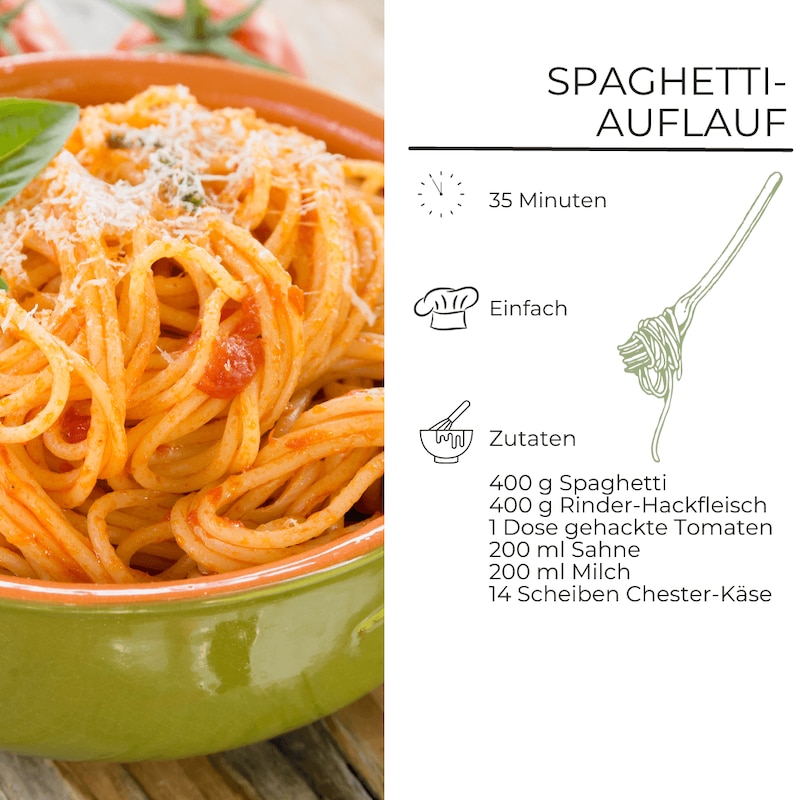 Zutatenliste für einen cremigen Spaghetti-Auflauf