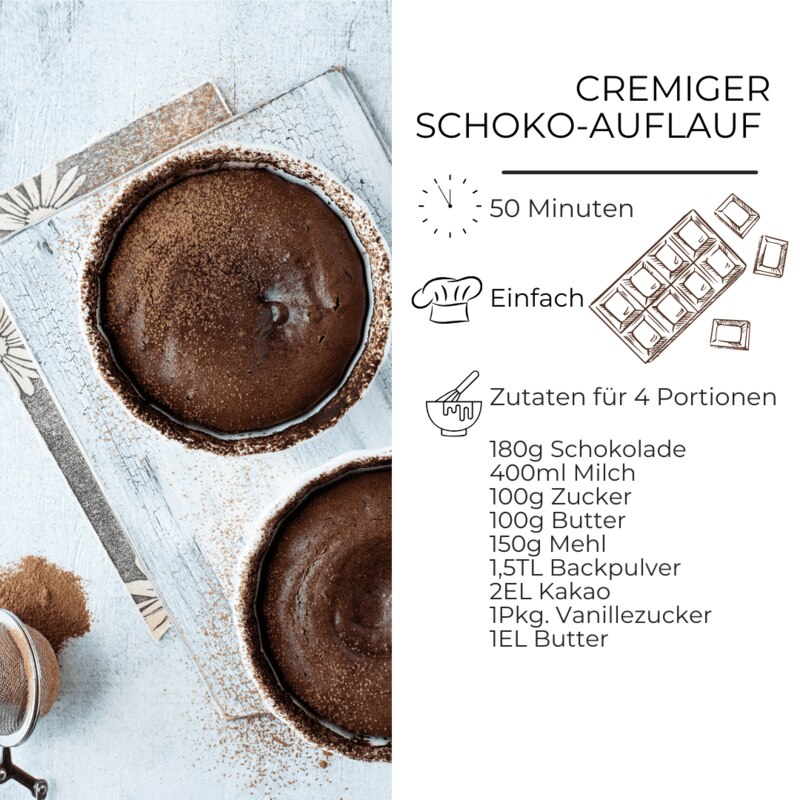 Zutatenliste für cremigen Schoko-Auflauf