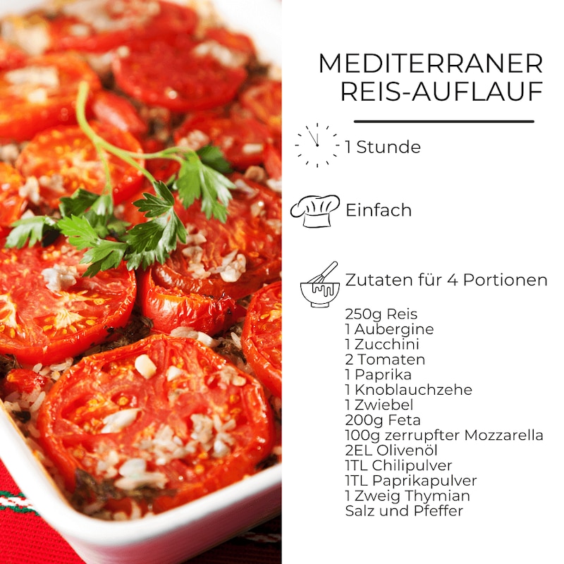 Zutatenliste für mediterranen Reis-Auflauf