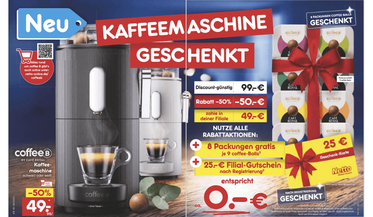 CoffeeB Kaffeemaschine geschenkt bei Netto Marken-Discount