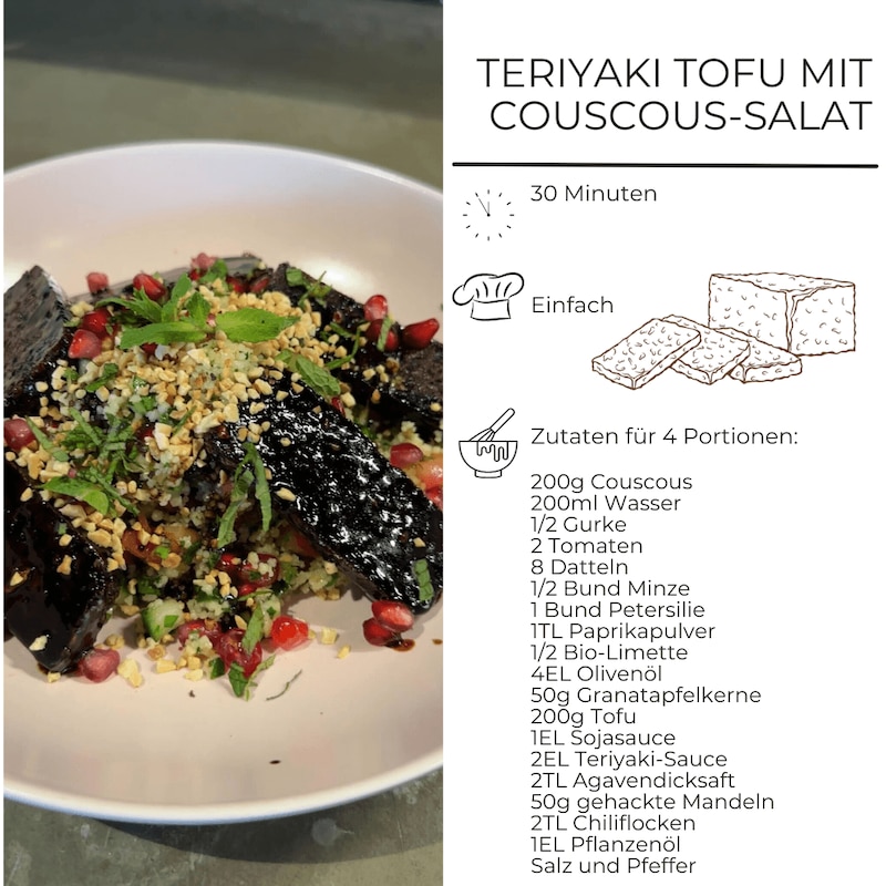 Zutatenliste für Sticky Teriyaki-Tofu mit Couscous-Salat