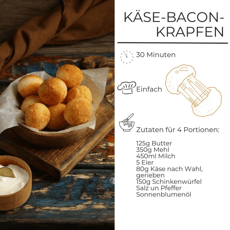 Zutatenliste für Käse-Bacon-Krapfen