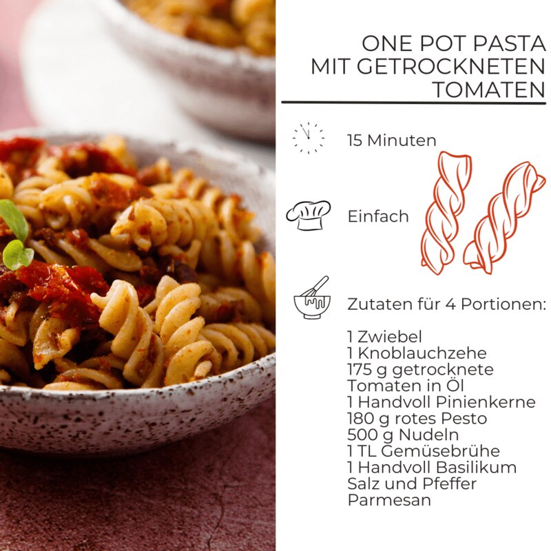 Zutatenliste für One Pot Pasta mit Pesto & getrockneten Tomaten