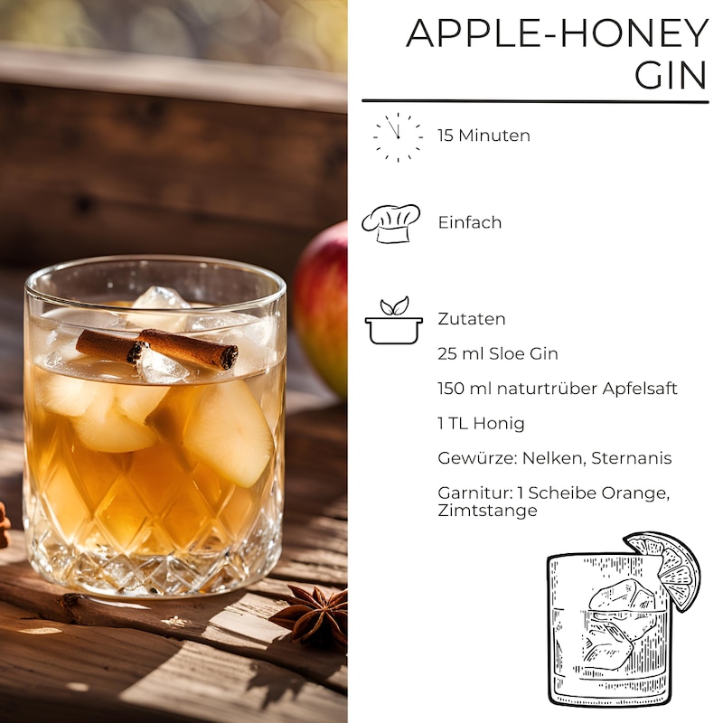 link ein Glas mit Apfelsaft und Eiswürfeln, rechts ein Rezept