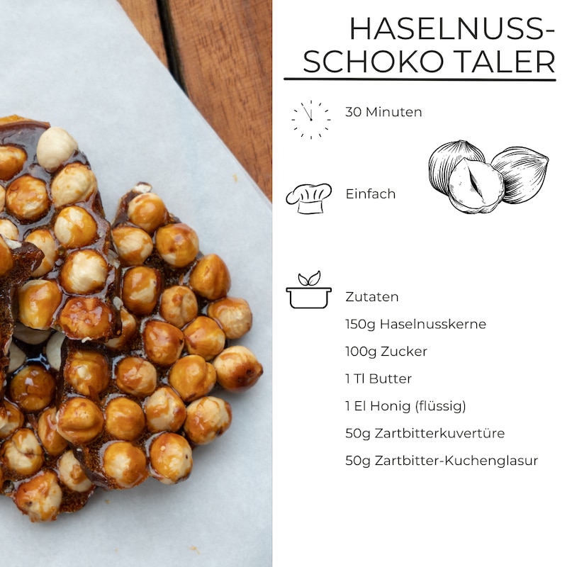 links Bild von Haselnüssen in Schokolade, rechts Rezept.