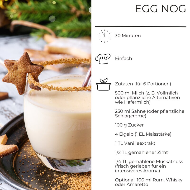 links Glas mit Egg Nog, rechts Rezept