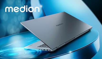 medion Laptop mit weißem Schriftzug