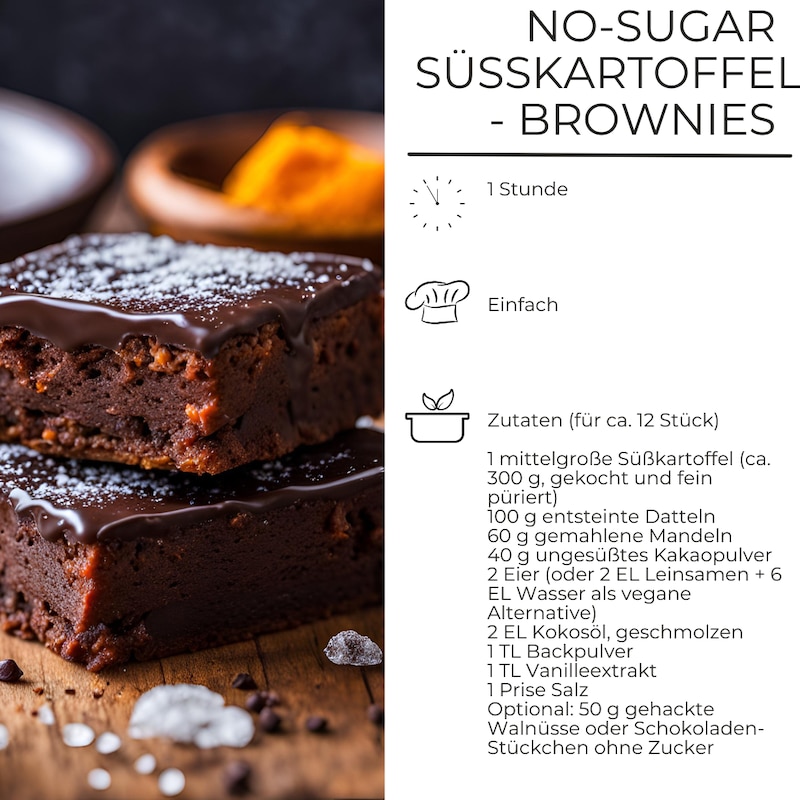 links Brownies, rechts Rezept