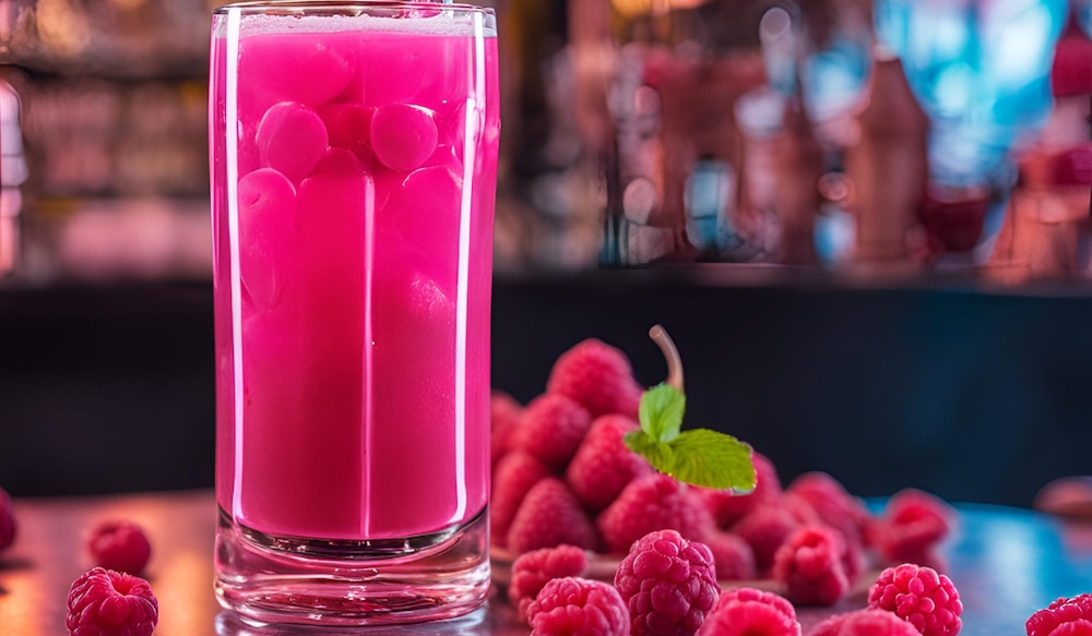 pinkes Getränk in einem Glas mit Himbeeren