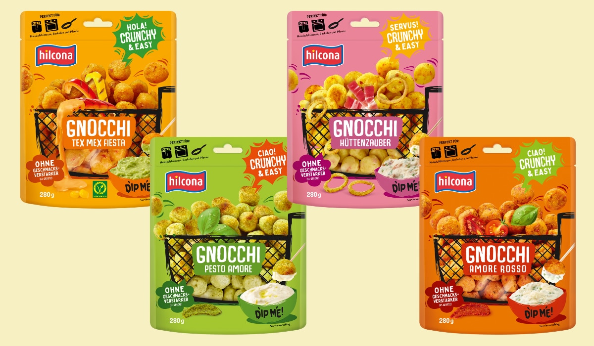 Hilcona Gnocchi, vier Packungen, gelber Hintergrund