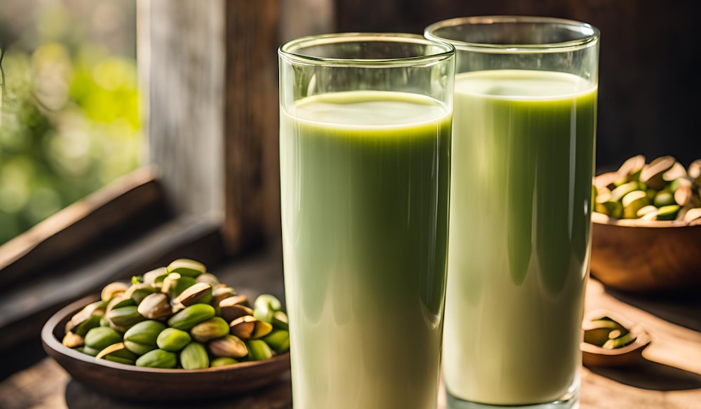 zwei Gläser mit Pistazien-Milch, Pistazien in Schale daneben